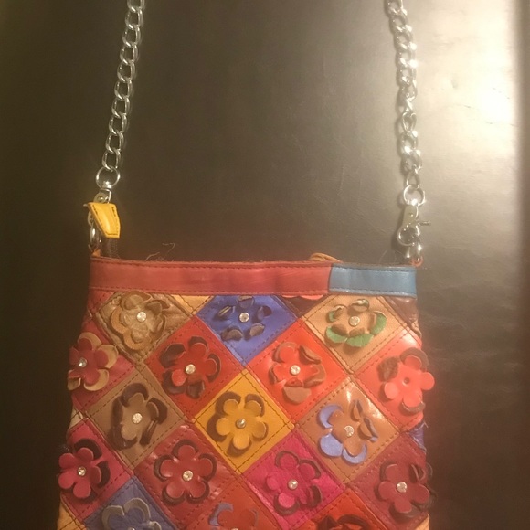 Leather Patchwork Purse w/Studded Leather Flowers - Picture 4 of 4